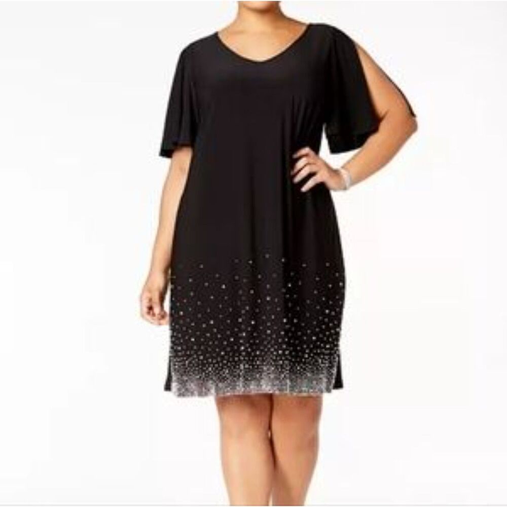 Roz & Ali Navy Pearl Rhinestone Studded Slit Sleeve Shift Dress Plus Size 2X